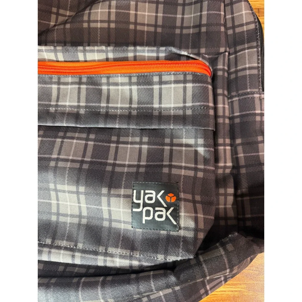 Yak Pak Grey Plaid Backpack with Orange Zipper Accents Men's School Travel Bag